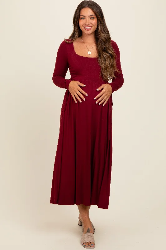 Women's midi dress airy vibe -Burgundy Square Neck Long Sleeve Maternity Midi Dress