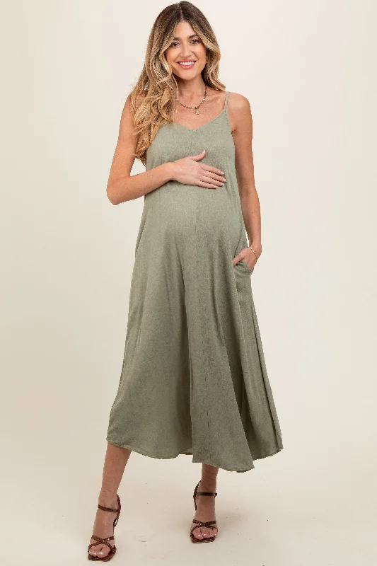 Women's floral dress new bloom -Light Olive Lightweight Sleeveless V-Neck Maternity Maxi Dress