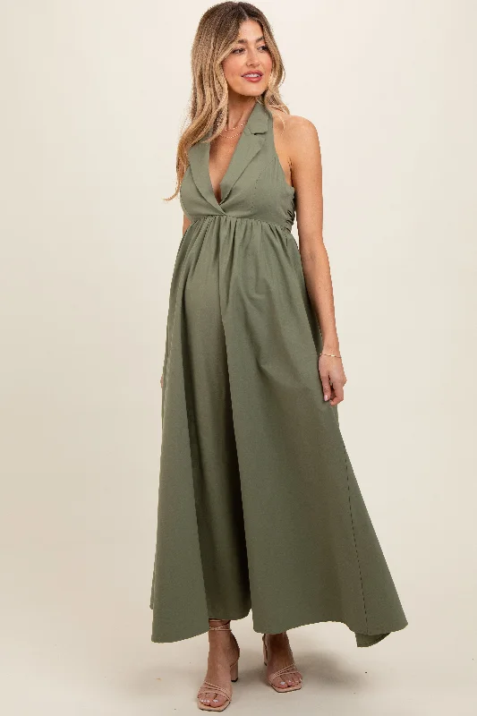 Women's floral dress honey chic -Light Olive Collared Halter Back Tie Maternity Maxi Dress