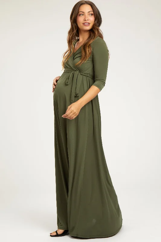 Women's floral dress half flair -PinkBlush Olive Green Draped 3/4 Sleeve Maternity Maxi Dress