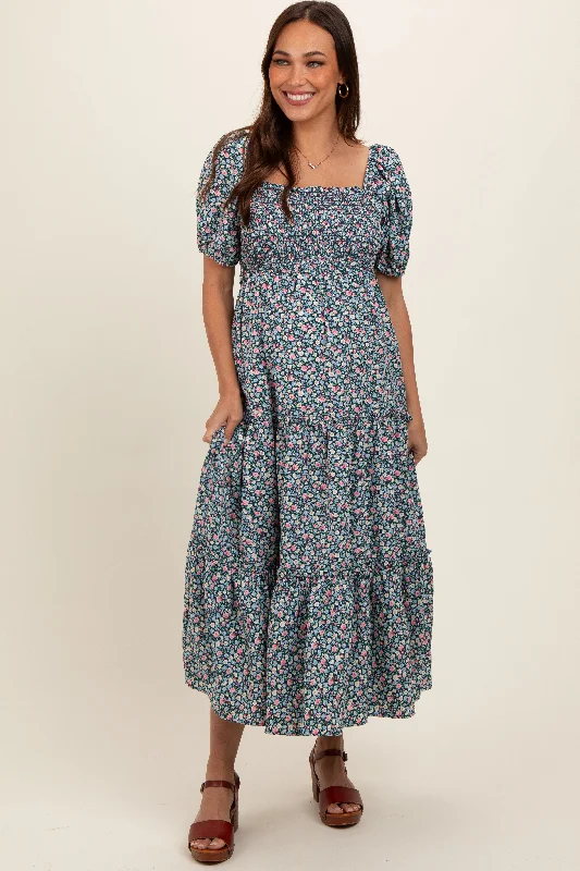 Women's floral dress moss pop -Navy Floral Smocked Tiered Puff Sleeve Maternity Maxi Dress