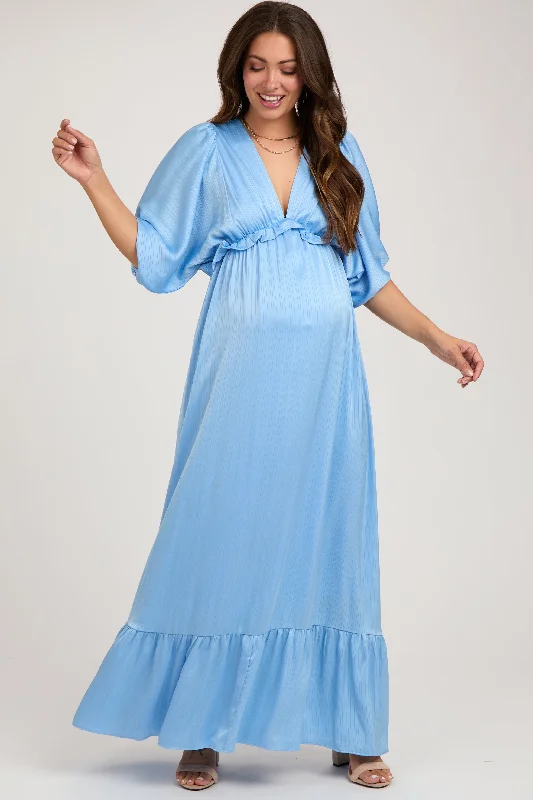 Women's floral dress flow glow -Light Blue Striped Ruffle Accent Maternity Maxi Dress