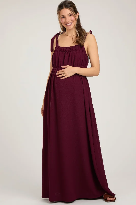 Women's floral dress era bloom -Plum Square Neck Shoulder Tie Maternity Maxi Dress