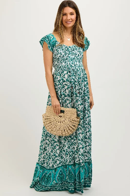 Women's floral dress zest chic -Green Floral Off Shoulder Smocked Maternity Maxi Dress