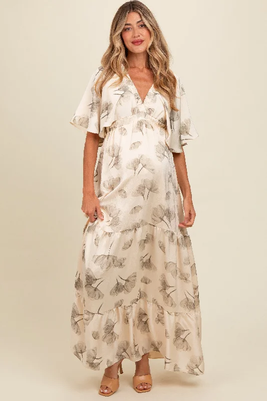 Women's floral dress heat pop -Cream Floral Deep V-Neck Maternity Maxi Dress