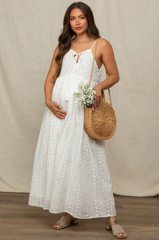 Women's floral dress mute pop -Ivory Embroidered Tassel Tie Maternity Maxi Dress