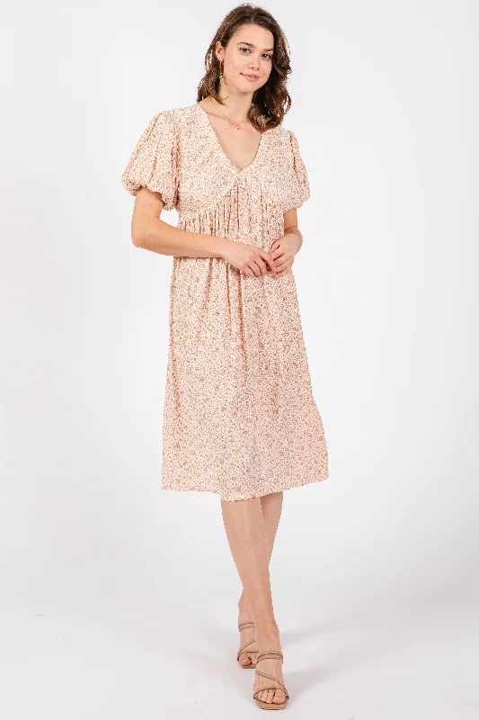 Women's midi dress breezy glow -Peach Floral Puff Sleeve Midi Dress