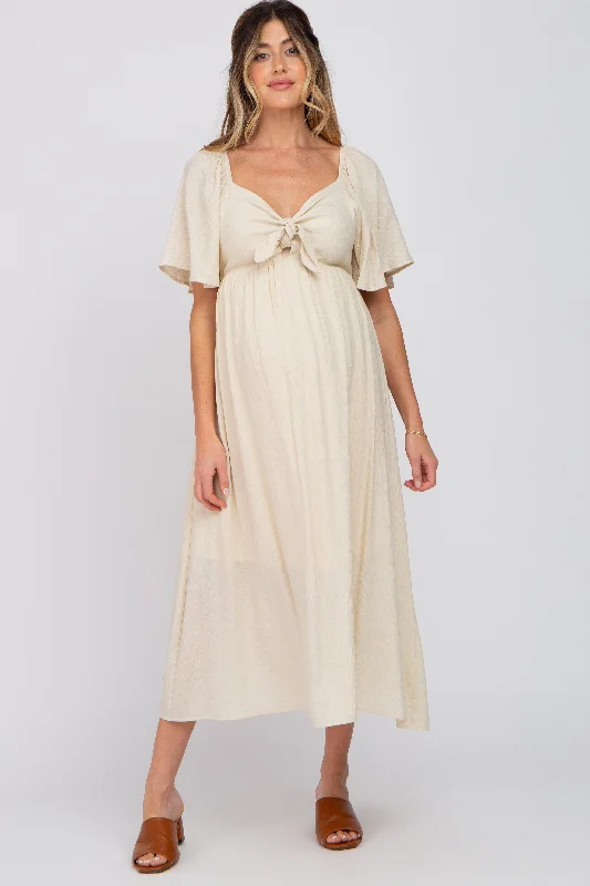 Women's midi dress bump glow -Beige Front Tie Ruffle Sleeve Maternity Midi Dress