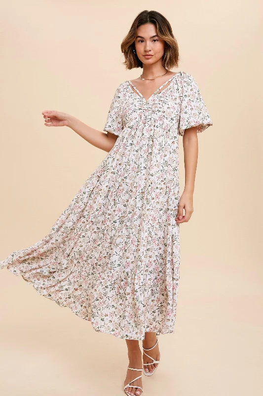 Women's midi dress sheer pop -Cream Floral Ruched Strappy V-Neck Front Puff Short Sleeve Midi Dress