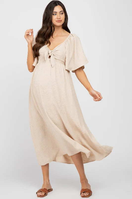 Women's midi dress spin flair -Beige Textured Dot Front Tie Ruffle Sleeve Maternity Midi Dress