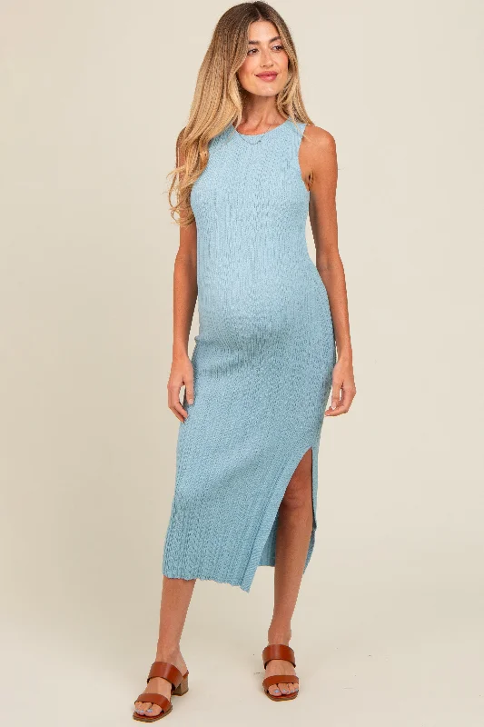 Women's midi dress breezy glow -Light Blue Ribbed Side Slit Sleeveless Maternity Midi Dress