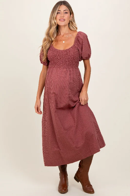 Women's midi dress yes flair -Mauve Striped Popcorn Smocked Maternity Midi Dress