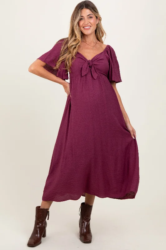 Women's midi dress off chic -Plum Front Tie Ruffle Sleeve Maternity Midi Dress