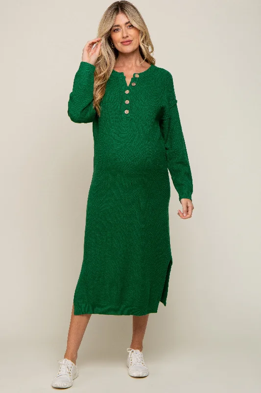 Women's midi dress green chic -Hunter Green Waffle Knit Button Long Sleeve Maternity Midi Dress