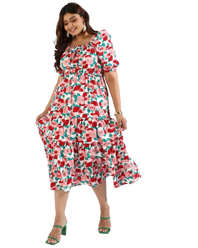 ladies-floral-dress-plunge-petal-Women Floral Abstract Dresses | Red