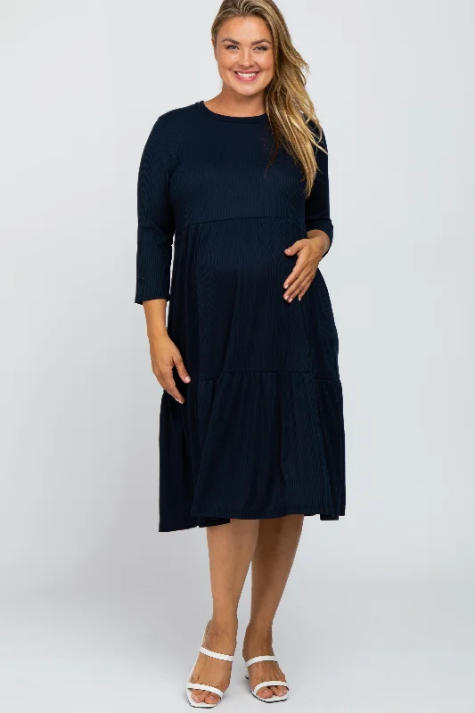 Women's midi dress free pop -Navy Tiered Ribbed 3/4 Sleeve Plus Maternity Midi Dress