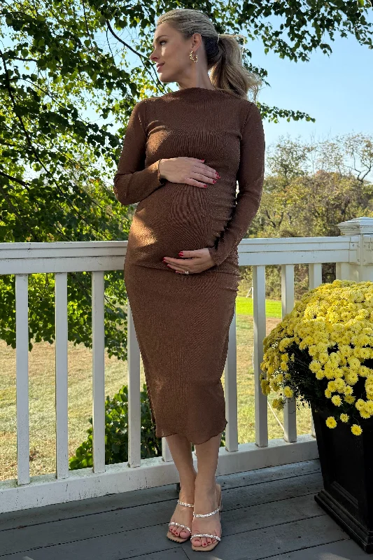 Women's midi dress joy flair -Brown Shimmer Mesh Long Sleeve Ruched Maternity Midi Dress