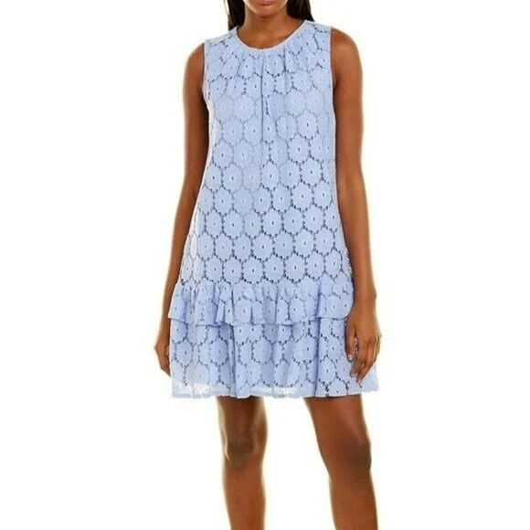 ladies-mini-dress-bell-sleeve-buzz-London Times Sleeveless Tiered Ruffle Hem Floral Lace Mini Dress