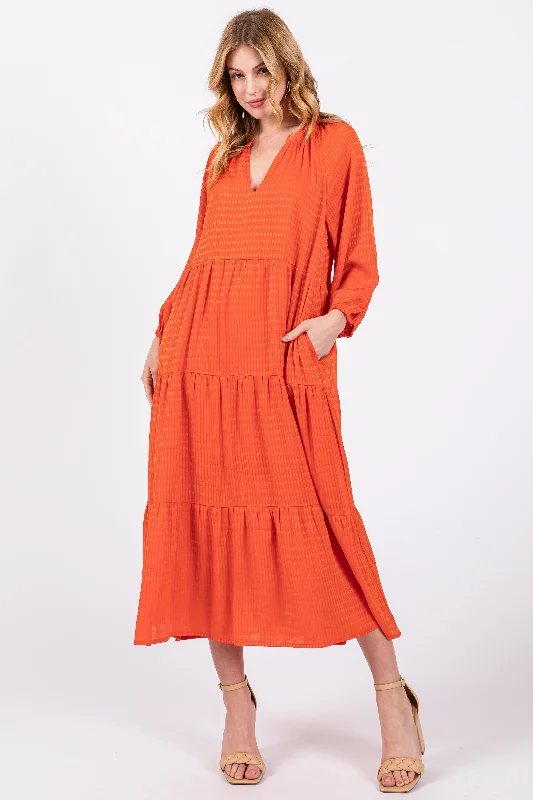 Women's midi dress ever chic -Orange Textured Tiered Midi Dress