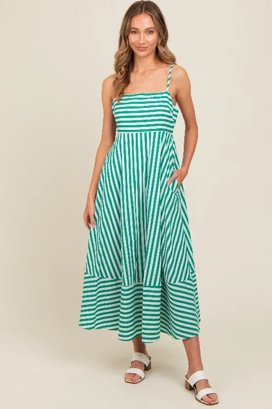 Women's midi dress sheer pop -Green Contrast Stripe Midi Dress