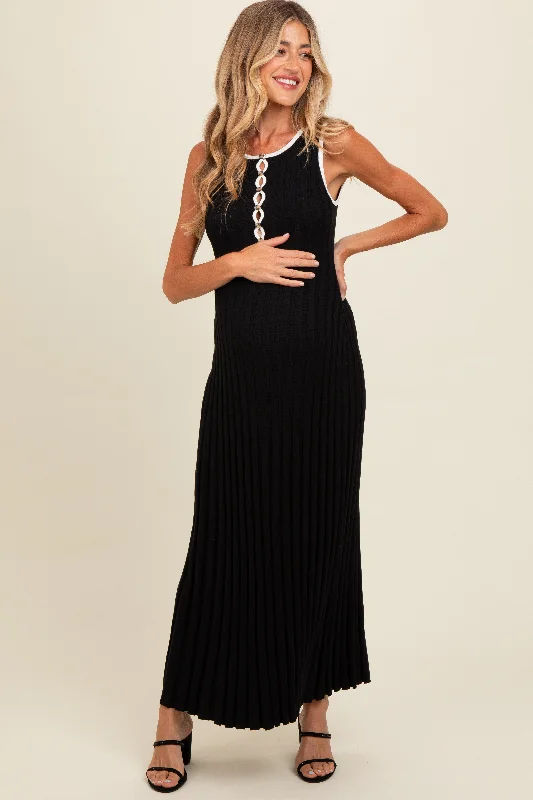 Women's floral dress rush bloom -Black Ribbed Knit Button Detail Sleeveless Maternity Maxi Dress