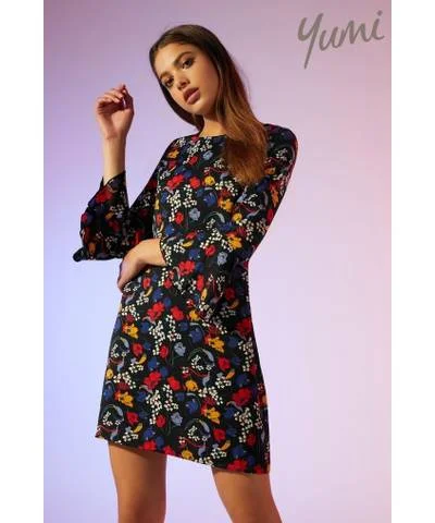 ladies-floral-dress-plum-poise-Floral Flute Sleeve Tunic Dress