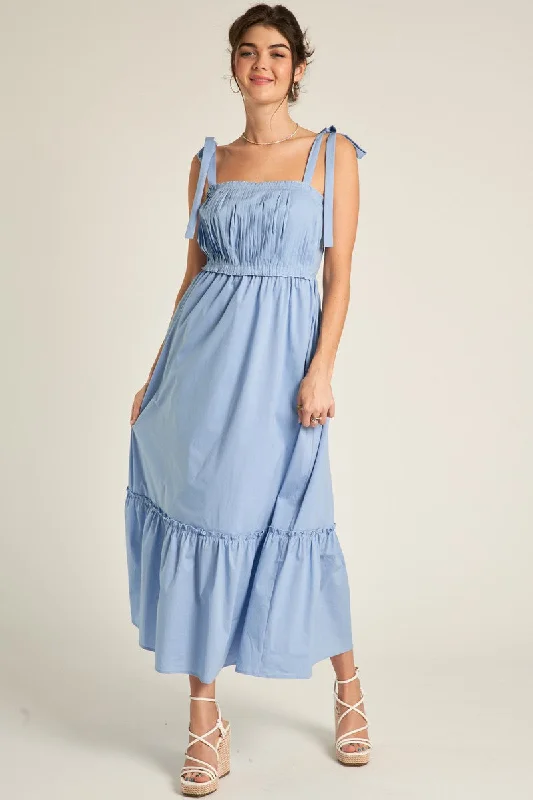 Women's midi dress hip glow -Light Blue Pleated Shoulder Tie Midi Dress