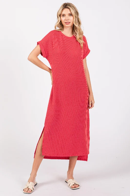 Women's midi dress boom flair -Red Ribbed Short Sleeve Midi Dress