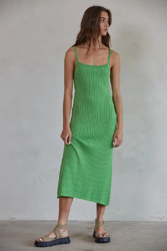 Women's midi dress tie glow -Green Square Neck Ribbed Sleeveless Midi Dress