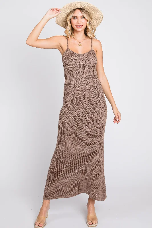 Women's midi dress twist pop -Mocha Open Knit Crochet Midi Dress