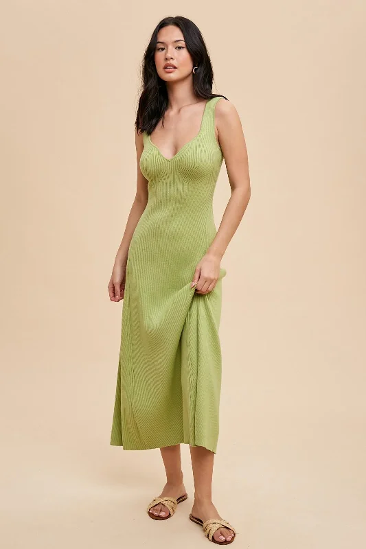 Women's floral dress gleam bloom -Light Olive Knit Deep V-Neck Maxi Dress