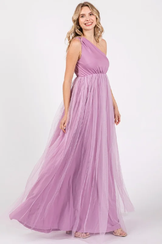 Women's floral dress clear bloom -Lavender One Shoulder Tulle Maxi Dress