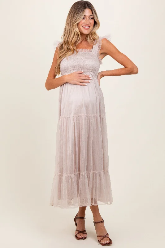 Women's midi dress rich pop -Beige Mesh Overlay Smocked Maternity Midi Dress