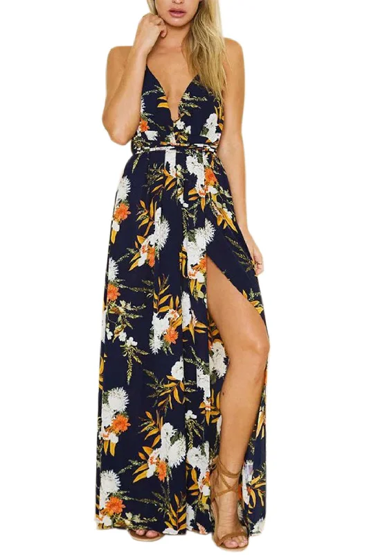 Women's floral dress off flair -Iyasson Deep V-neck Floral Print Maxi Dress