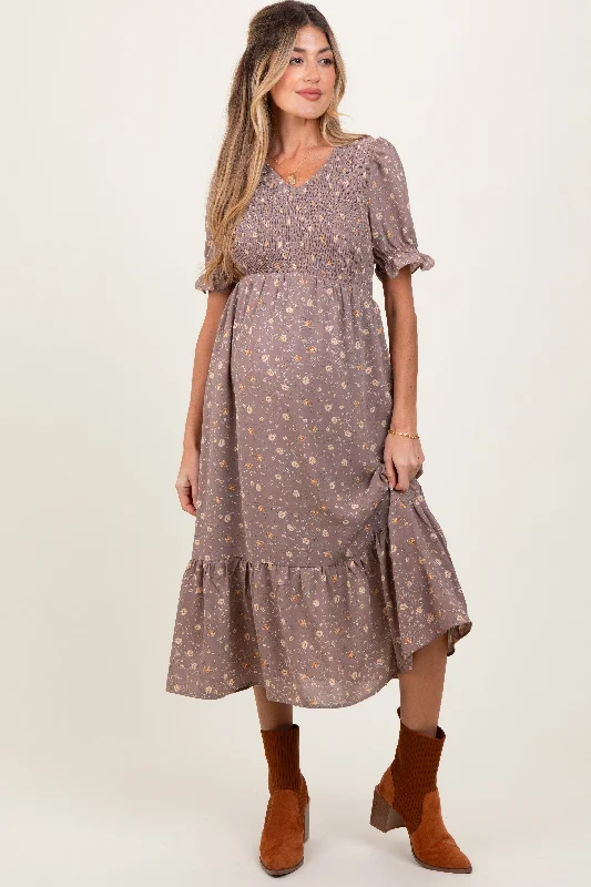 Women's midi dress dusk chic -Mauve Floral Print Smocked Ruffle Hem Maternity Midi Dress