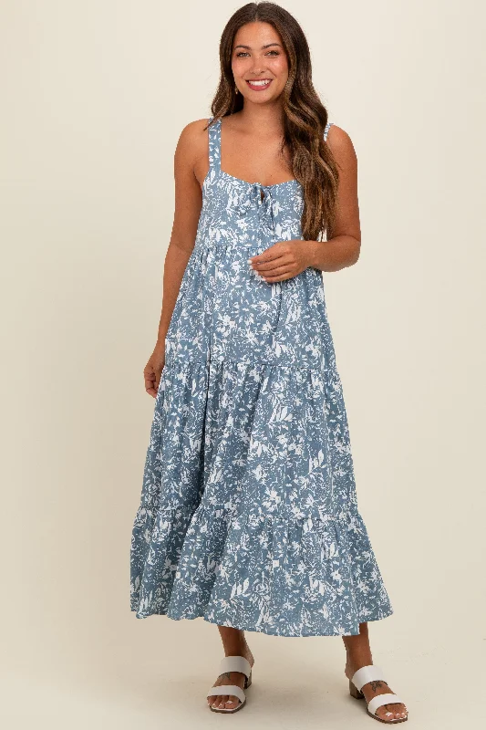 Women's midi dress peek chic -Blue Floral Tiered Maternity Midi Dress