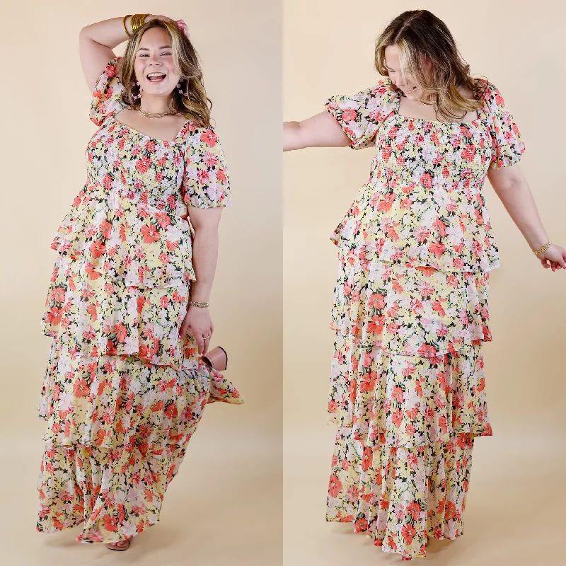 Women's floral dress warm bloom -Fun Feeling Floral Tiered Maxi Dress with Smocked Balloon Sleeves in Yellow Mix