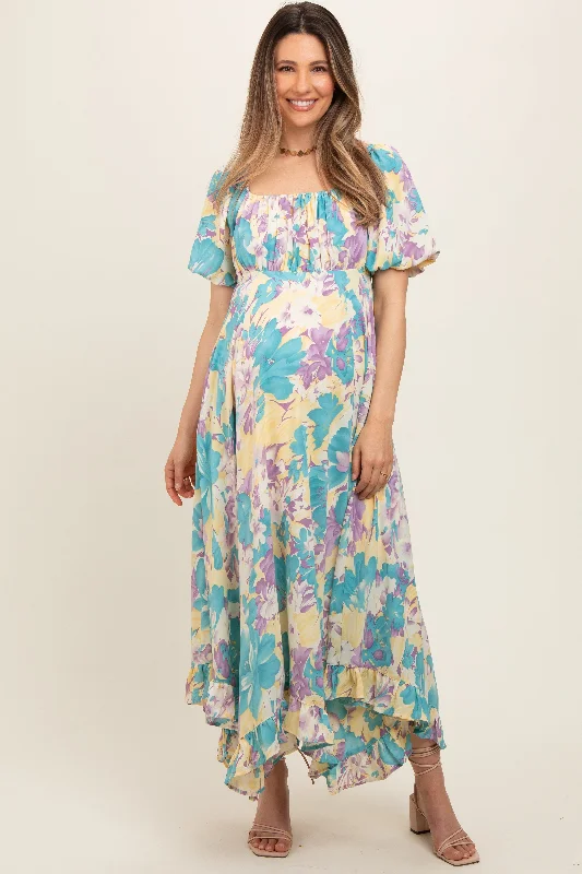 Women's floral dress grit chic -Teal Floral Puff Sleeve Handkerchief Hem Maternity Maxi Dress