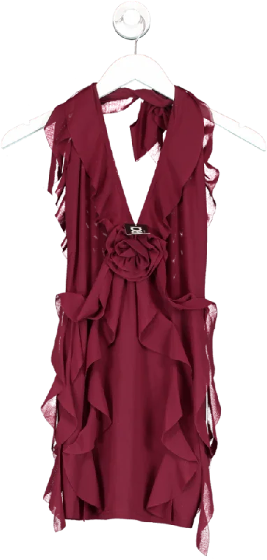 ladies-mini-dress-sporty-skip-MURCI Red Rose Detail Ruffled Mini Dress Burgundy UK 12