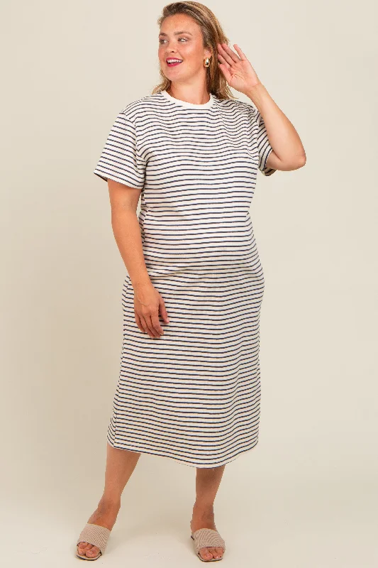 Women's midi dress snug flair -Navy Striped Short Sleeve Maternity Plus T-Shirt Midi Dress