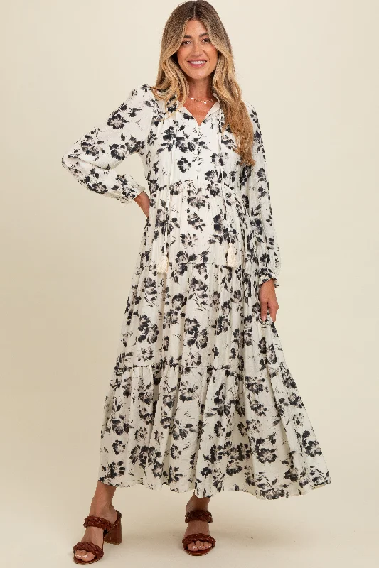 Women's floral dress low flair -Black Floral Button Front Tiered Long Sleeve Maternity Maxi Dress