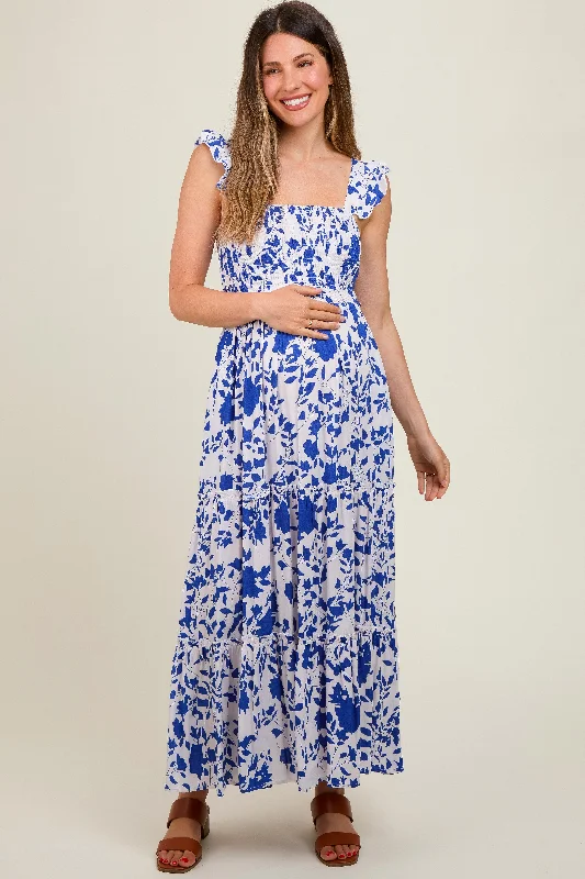 Women's floral dress bare chic -Royal Blue Ruffle Sleeve Tiered Maternity Maxi Dress