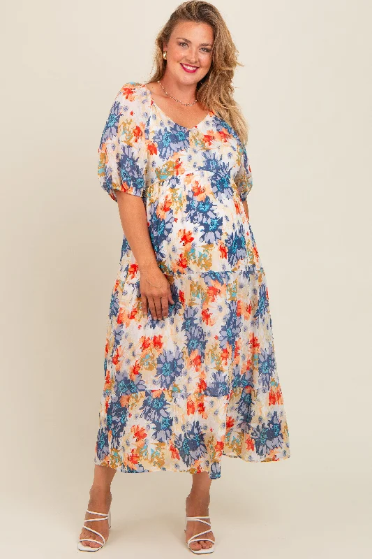 Women's midi dress plum flair -Navy Blue Floral V-Neck Short Puff Sleeve Tiered Maternity Plus Midi Dress