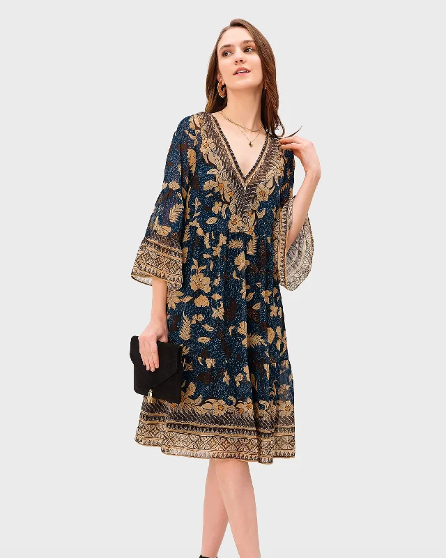 ladies-floral-dress-maternity-magnolia-Floral Print Georgette Tier Dress | Navy