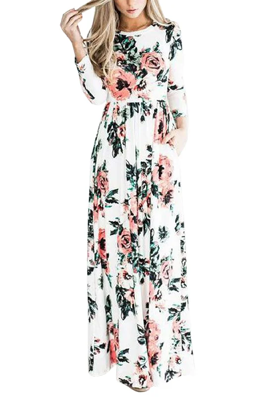 Women's floral dress quiz glow -Iyasson Women's Floral Print Long Sleeve Maxi Dress