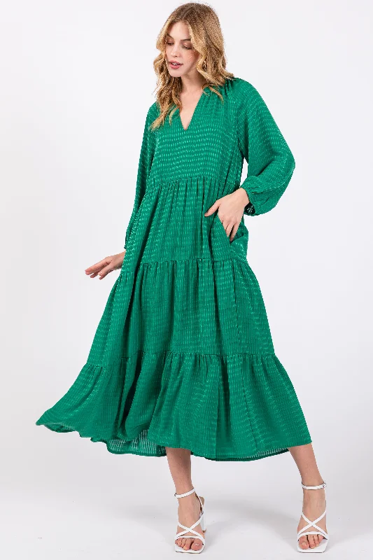 Women's midi dress knee flair -Green Textured Tiered Midi Dress