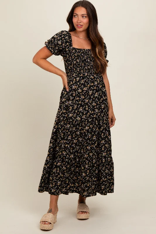 Women's midi dress drop pop -Black Floral Midi Maternity Dress