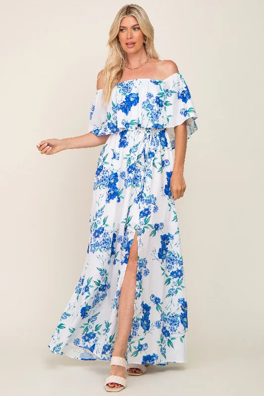 Women's floral dress plush chic -Blue Floral Overlay Off-Shoulder Side Slit Maxi Dress