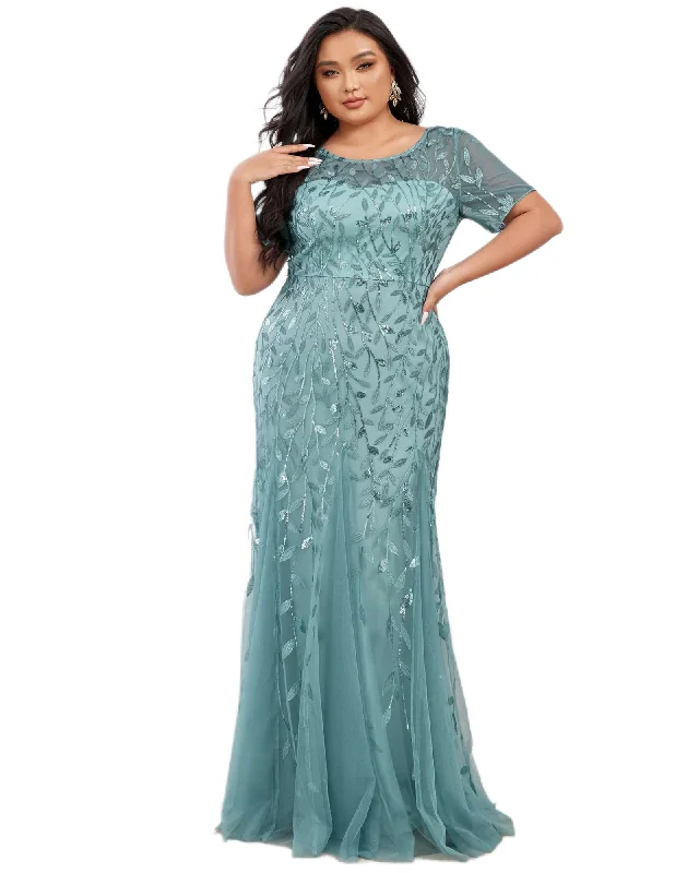 ladies-floral-dress-subtle-sunset-Floral Sequin Mermaid Tulle Evening Dress | Dusty Blue