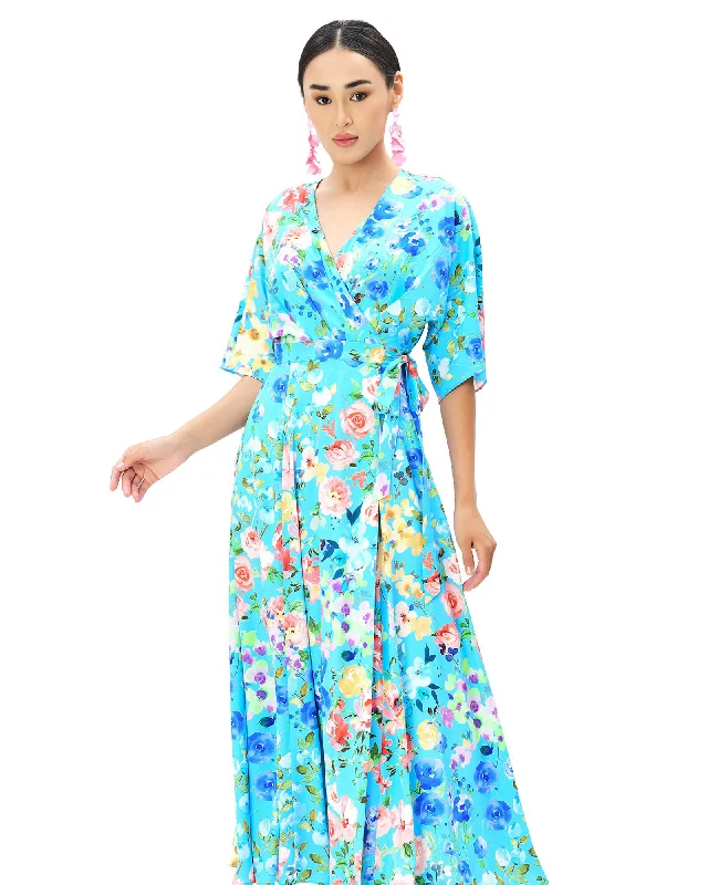 ladies-floral-dress-custom-charm-Dolman Sleeve Floral Print Crepe Wrap Dress | Sky Blue Multi